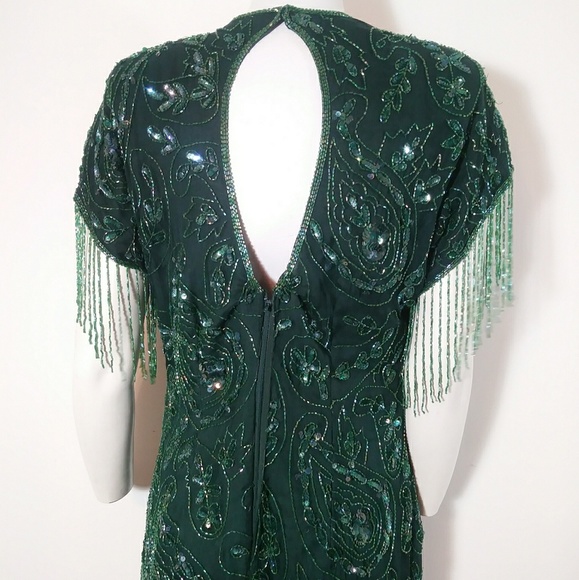 ❄️ Vintage bead flapper fringe silk emerald dress - Picture 6 of 8
